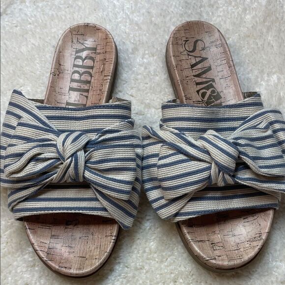 Sam & Libby Blue Cream Striped Bow Slip-On Sandal Women’s Flats Sz 6.5 - Picture 1 of 7
